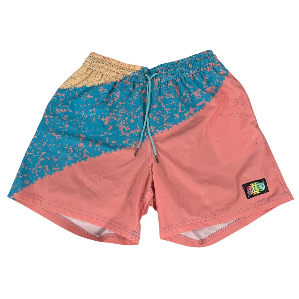 Slunks Mens Board Shorts Swim Trunks Pink Blue Splatter Retro 6in Inseam Large